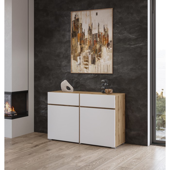 Buffet HAVANA – 120 cm – 2 portes battantes et 2 tiroirs – Chêne et blanc – Design moderne