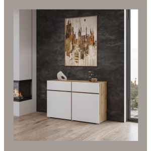 Buffet HAVANA – 120 cm – 2 portes battantes et 2 tiroirs – Chêne et blanc – Design moderne