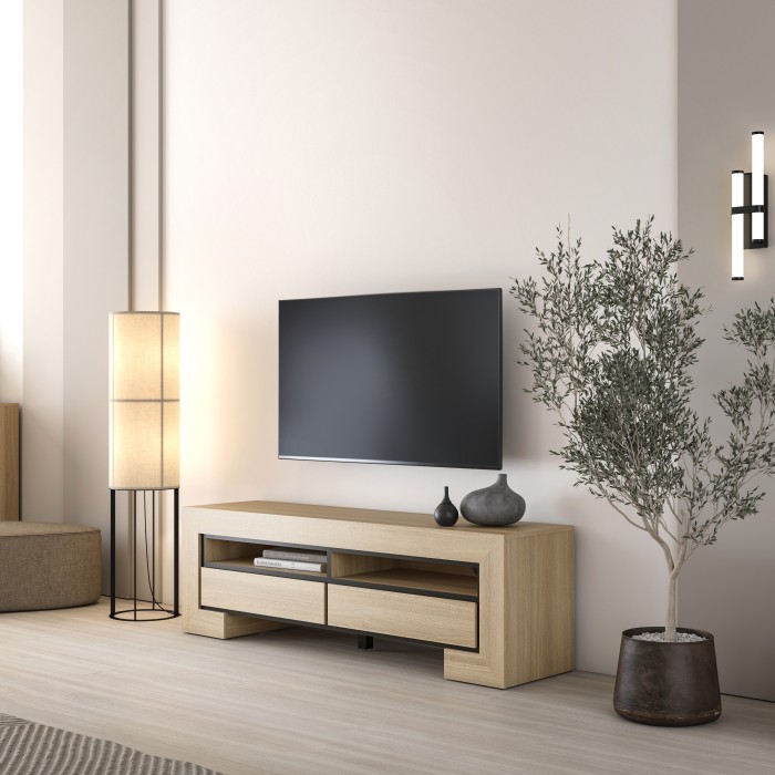 Meuble TV collection COPA – 160x50,5x41 cm – 2 tiroirs et 2 niches – Chêne élégant – Design scandinave