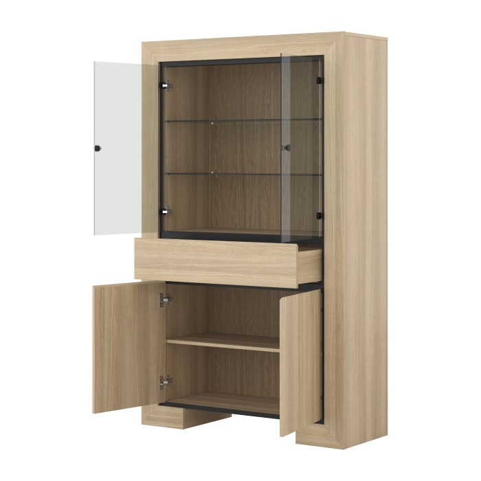 Vitrine large COPA – 4 portes (2 vitrées, 2 pleines) et 1 tiroir – Chêne élégant – Éclairage LED intégré
