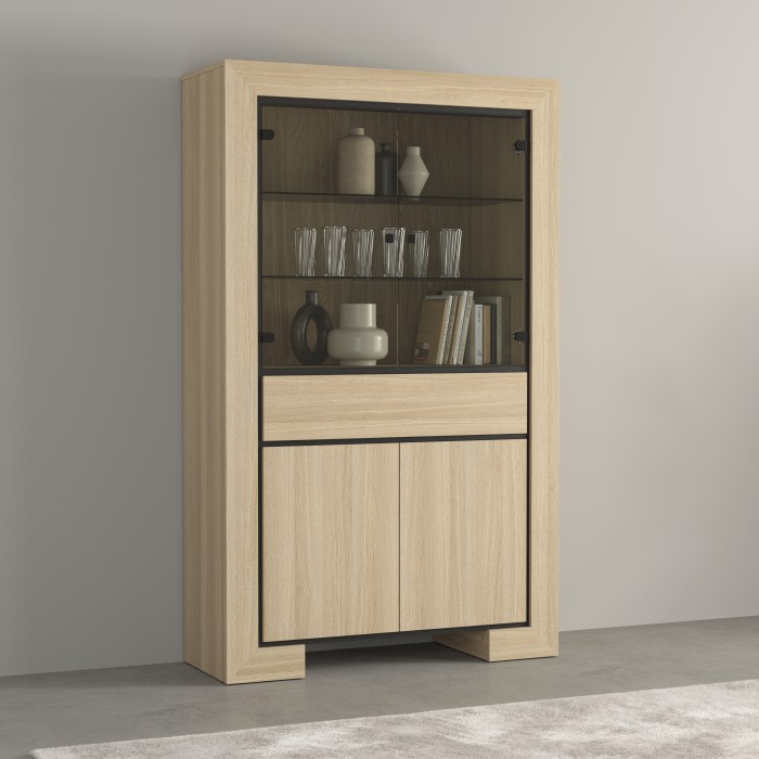 Vitrine large COPA – 4 portes (2 vitrées, 2 pleines) et 1 tiroir – Chêne élégant – Éclairage LED intégré