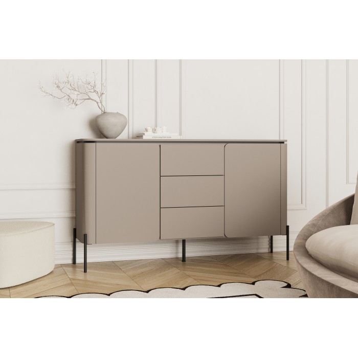 Buffet BELLA 2 portes 3 tiroirs – Finition Congo mat – Pieds métal noirs