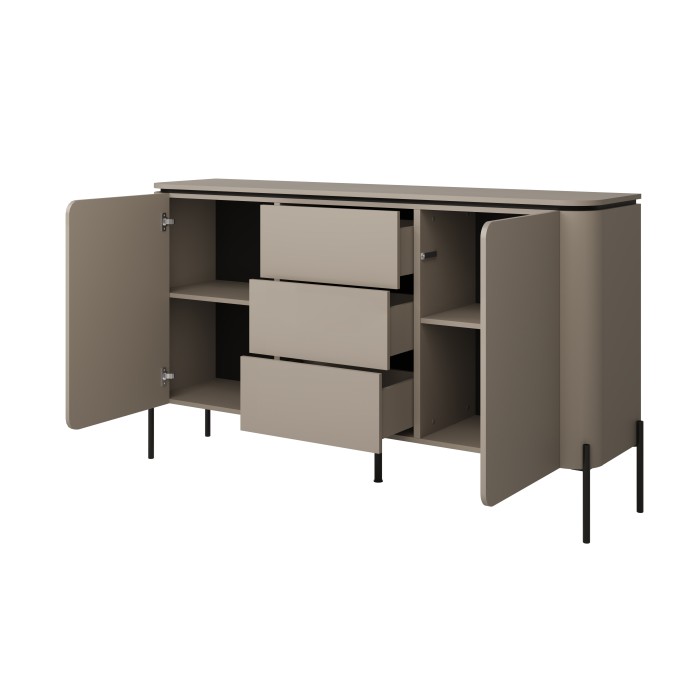 Buffet BELLA 2 portes 3 tiroirs – Finition Congo mat – Pieds métal noirs