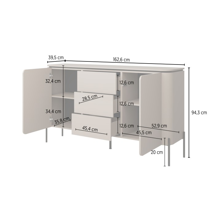 Buffet BELLA 2 portes 3 tiroirs – Finition Congo mat – Pieds métal noirs
