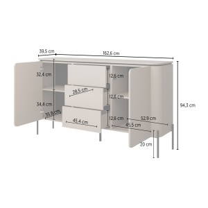 Buffet BELLA 2 portes 3 tiroirs – Finition Congo mat – Pieds métal noirs