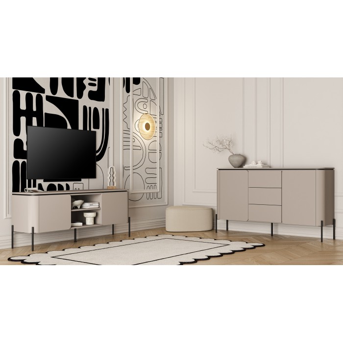 Buffet BELLA 2 portes 3 tiroirs – Finition Congo mat – Pieds métal noirs