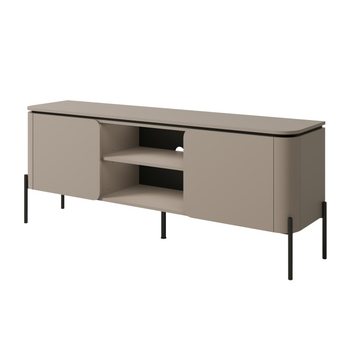 Meuble TV BELLA 2 portes – Finition Congo mat – Design arrondi et pieds métal noirs