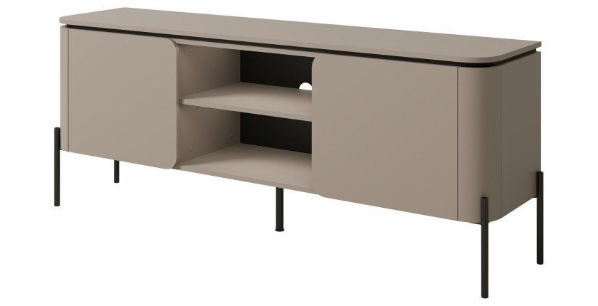 Meuble TV BELLA 2 portes – Finition Congo mat – Design arrondi et pieds métal noirs