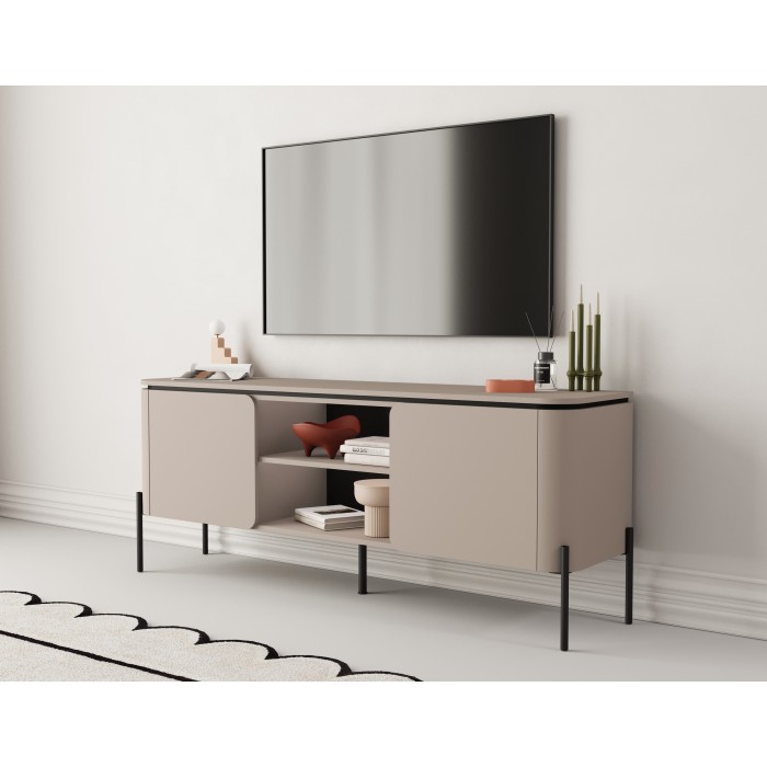 Meuble TV BELLA 2 portes – Finition Congo mat – Design arrondi et pieds métal noirs