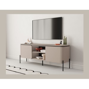 Meuble TV BELLA 2 portes – Finition Congo mat – Design arrondi et pieds métal noirs