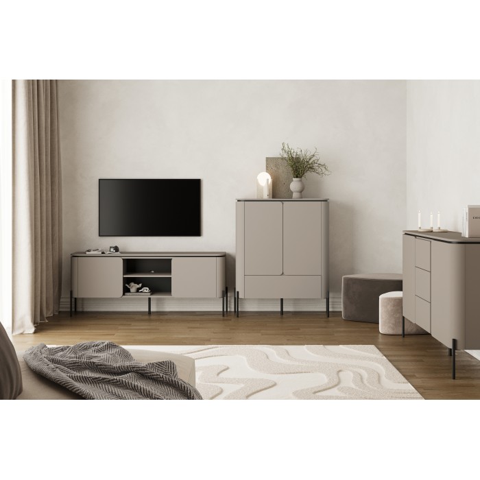 Meuble TV BELLA 2 portes – Finition Congo mat – Design arrondi et pieds métal noirs