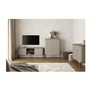 Meuble TV BELLA 2 portes – Finition Congo mat – Design arrondi et pieds métal noirs