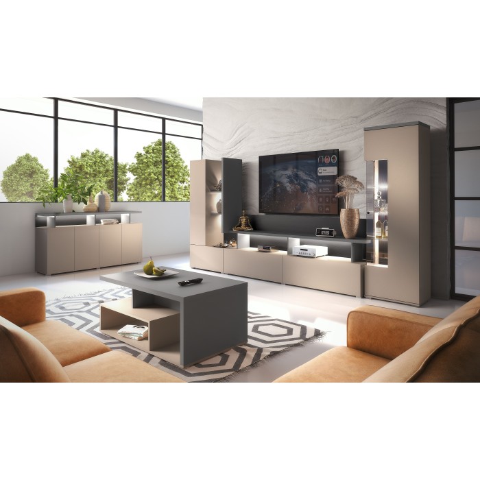 Vitrine 1 porte NESS – Finition Congo & Anthracite – LED blanc neutre – 10 niches design