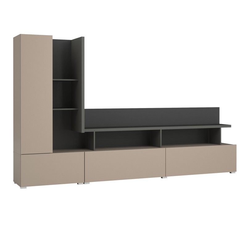 Meuble TV mural NESS – Ensemble 270 cm avec éclairage LED – 2 tiroirs, 2 portes, 10 niches