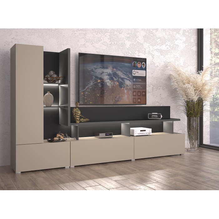 Meuble TV mural NESS – Ensemble 270 cm avec éclairage LED – 2 tiroirs, 2 portes, 10 niches