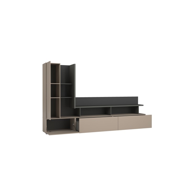 Meuble TV mural NESS – Ensemble 270 cm avec éclairage LED – 2 tiroirs, 2 portes, 10 niches
