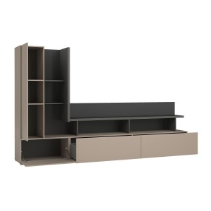 Meuble TV mural NESS – Ensemble 270 cm avec éclairage LED – 2 tiroirs, 2 portes, 10 niches
