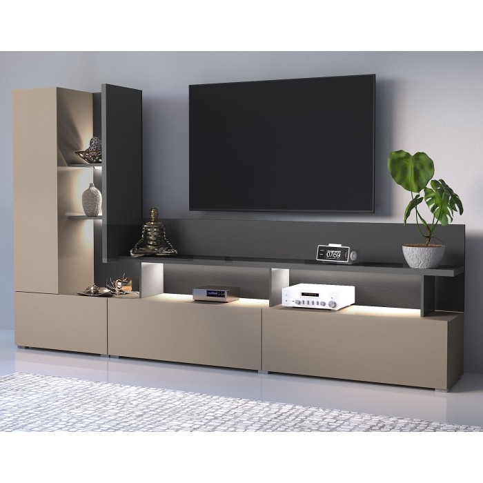 Meuble TV mural NESS – Ensemble 270 cm avec éclairage LED – 2 tiroirs, 2 portes, 10 niches