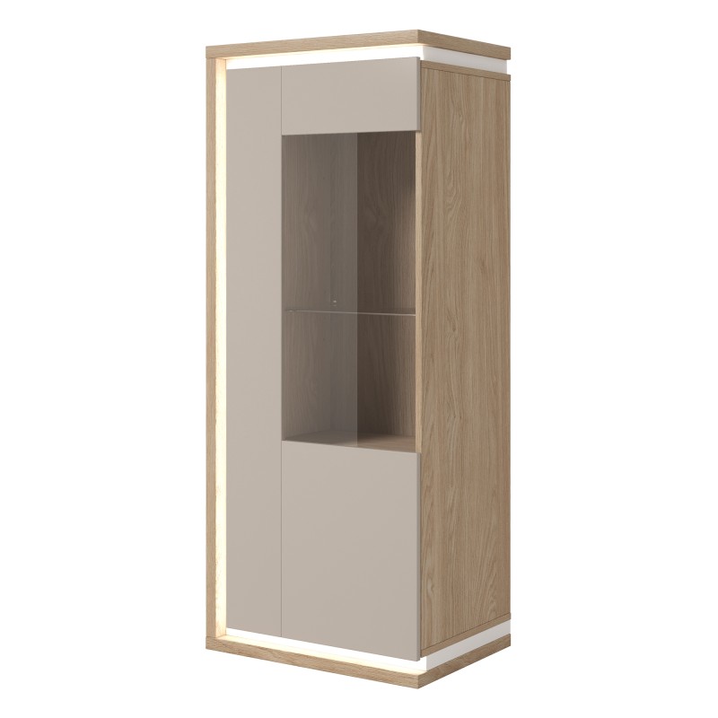 Vitrine basse JULIA 1 porte – Chêne huilé et beige cashmere avec éclairage LED intégré