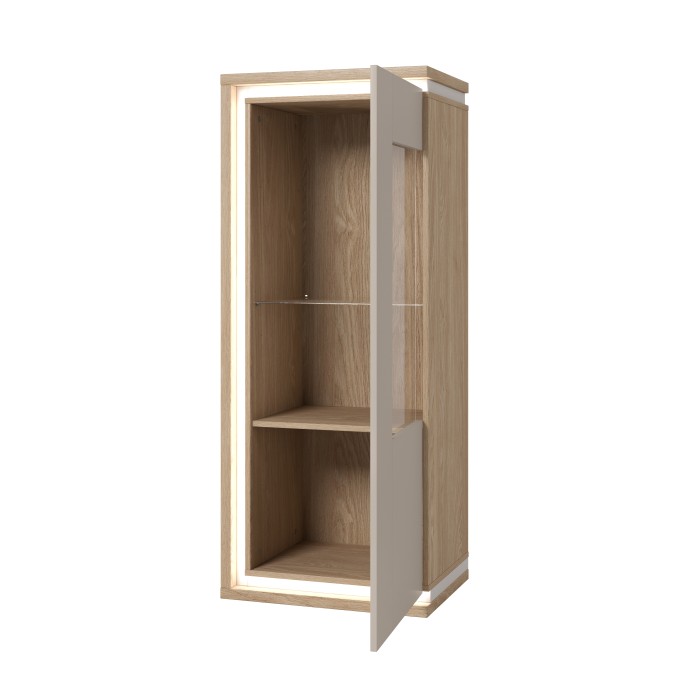 Vitrine basse JULIA 1 porte – Chêne huilé et beige cashmere avec éclairage LED intégré