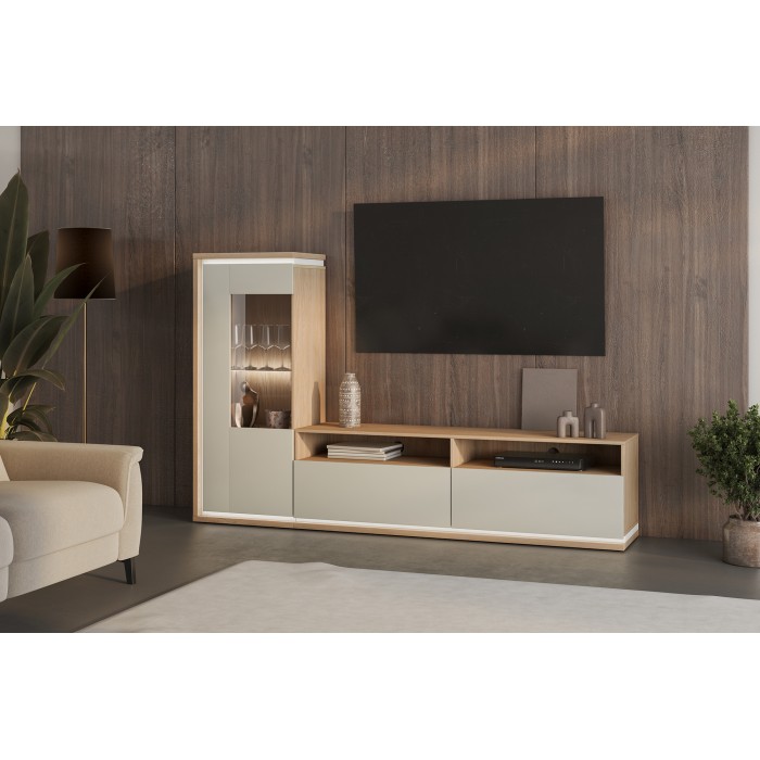 Vitrine basse JULIA 1 porte – Chêne huilé et beige cashmere avec éclairage LED intégré