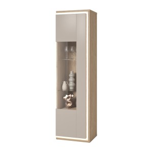 Vitrine haute JULIA 1 porte – Chêne huilé et beige cashmere avec éclairage LED intégré