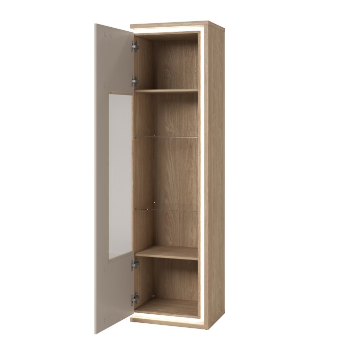 Vitrine haute JULIA 1 porte – Chêne huilé et beige cashmere avec éclairage LED intégré