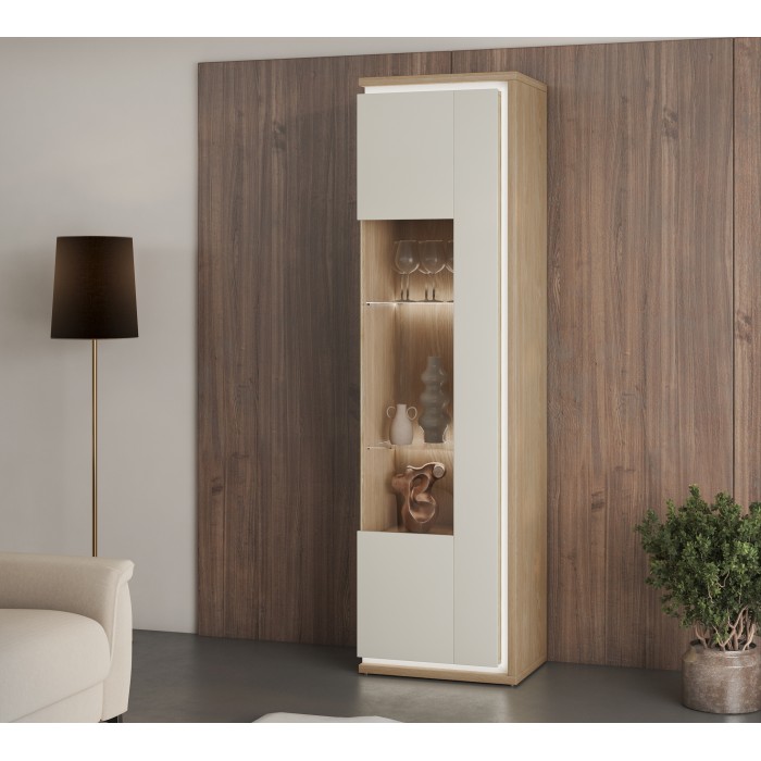 Vitrine haute JULIA 1 porte – Chêne huilé et beige cashmere avec éclairage LED intégré