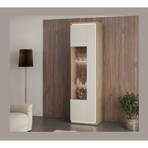 Vitrine haute JULIA 1 porte – Chêne huilé et beige cashmere avec éclairage LED intégré