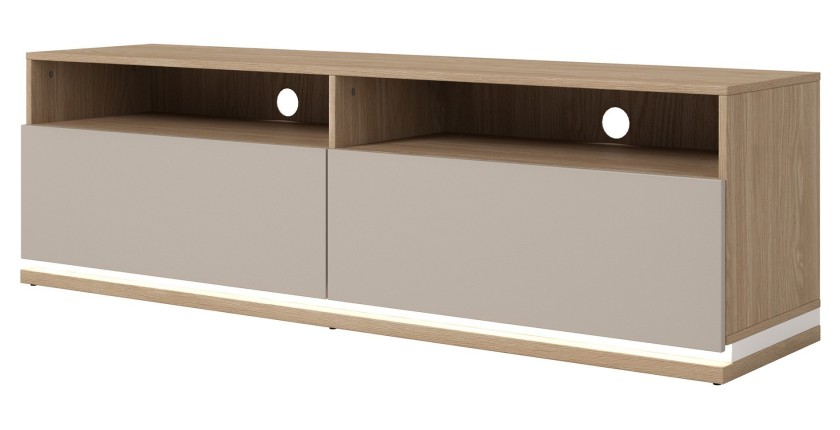 Meuble TV JULIA – 2 tiroirs, 2 niches et passe-câbles – Chêne huilé et beige cashmere – L 160 cm