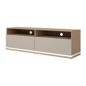 Meuble TV JULIA – 2 tiroirs, 2 niches et passe-câbles – Chêne huilé et beige cashmere – L 160 cm