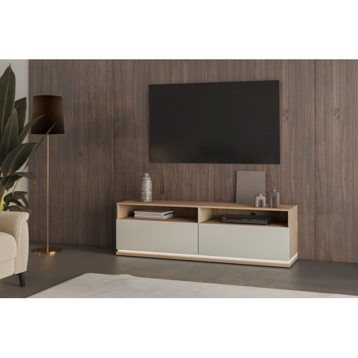 Meuble TV JULIA – 2 tiroirs, 2 niches et passe-câbles – Chêne huilé et beige cashmere – L 160 cm