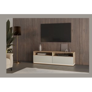 Meuble TV JULIA – 2 tiroirs, 2 niches et passe-câbles – Chêne huilé et beige cashmere – L 160 cm