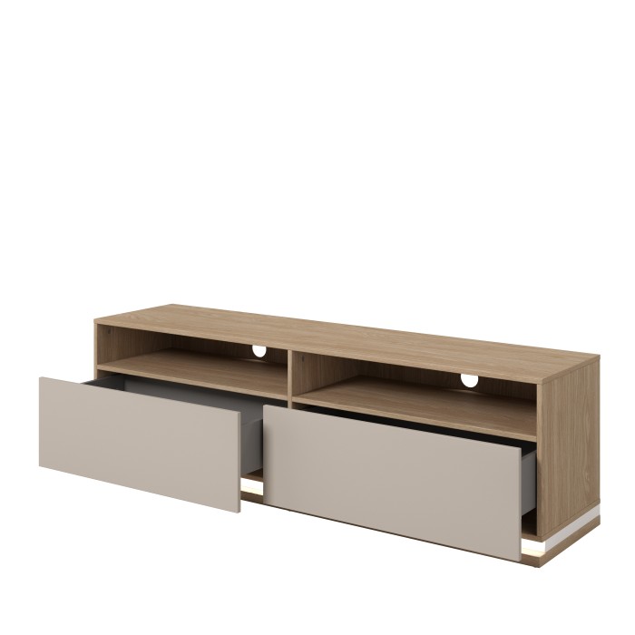 Meuble TV JULIA – 2 tiroirs, 2 niches et passe-câbles – Chêne huilé et beige cashmere – L 160 cm