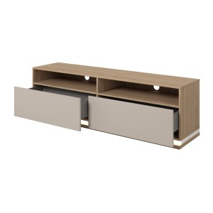 Meuble TV JULIA – 2 tiroirs, 2 niches et passe-câbles – Chêne huilé et beige cashmere – L 160 cm