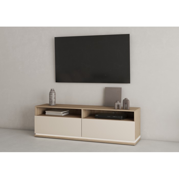 Meuble TV JULIA – 2 tiroirs, 2 niches et passe-câbles – Chêne huilé et beige cashmere – L 160 cm