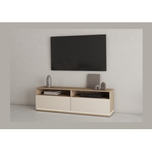 Meuble TV JULIA – 2 tiroirs, 2 niches et passe-câbles – Chêne huilé et beige cashmere – L 160 cm