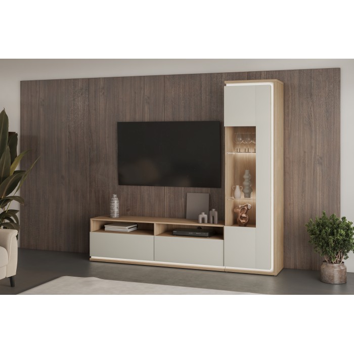 Meuble TV JULIA – 2 tiroirs, 2 niches et passe-câbles – Chêne huilé et beige cashmere – L 160 cm