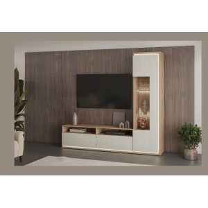 Meuble TV JULIA – 2 tiroirs, 2 niches et passe-câbles – Chêne huilé et beige cashmere – L 160 cm
