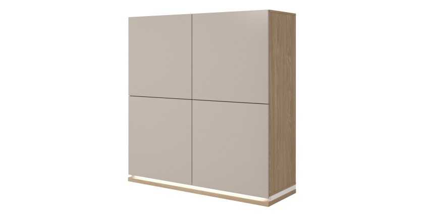 Buffet haut JULIA 4 portes – Chêne huilé et beige cashmere avec éclairage LED intégré – L 120 cm