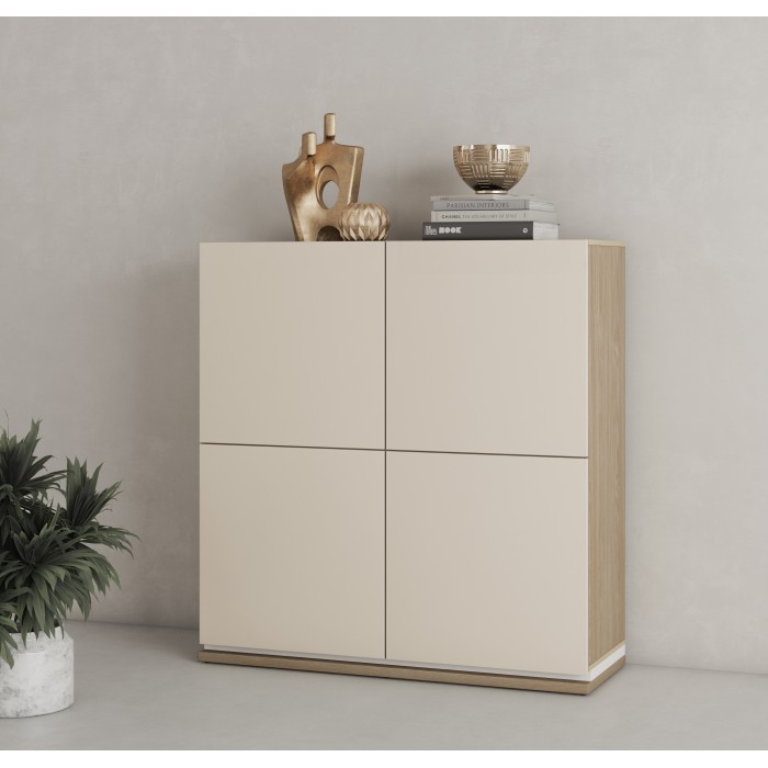 Buffet haut JULIA 4 portes – Chêne huilé et beige cashmere avec éclairage LED intégré – L 120 cm