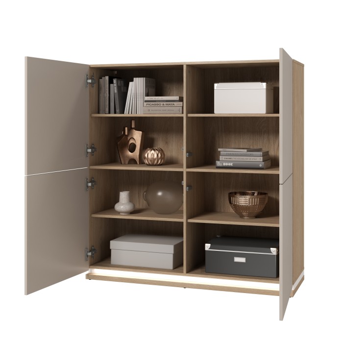 Buffet haut JULIA 4 portes – Chêne huilé et beige cashmere avec éclairage LED intégré – L 120 cm