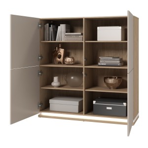 Buffet haut JULIA 4 portes – Chêne huilé et beige cashmere avec éclairage LED intégré – L 120 cm
