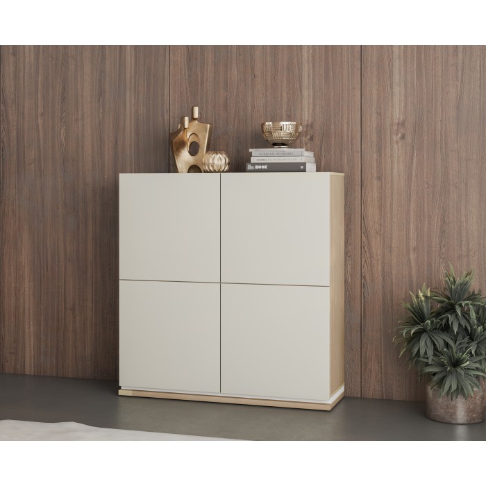 Buffet haut JULIA 4 portes – Chêne huilé et beige cashmere avec éclairage LED intégré – L 120 cm
