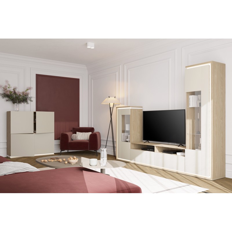 Ensemble meubles JULIA – Vitrines, buffet et meuble TV – Chêne huilé et beige cashmere avec LED