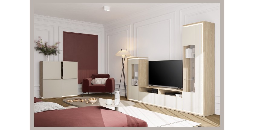 Ensemble meubles JULIA – Vitrines, buffet et meuble TV – Chêne huilé et beige cashmere avec LED