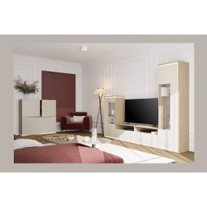 Ensemble meubles JULIA – Vitrines, buffet et meuble TV – Chêne huilé et beige cashmere avec LED