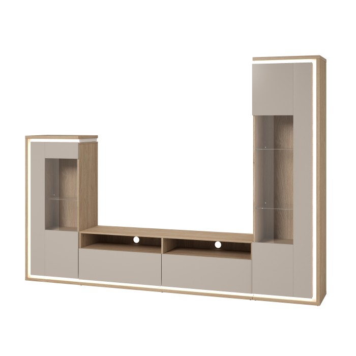 Ensemble meubles JULIA – Vitrines, buffet et meuble TV – Chêne huilé et beige cashmere avec LED