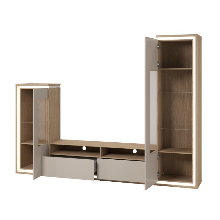 Ensemble meubles JULIA – Vitrines, buffet et meuble TV – Chêne huilé et beige cashmere avec LED