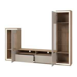 Ensemble meubles JULIA – Vitrines, buffet et meuble TV – Chêne huilé et beige cashmere avec LED